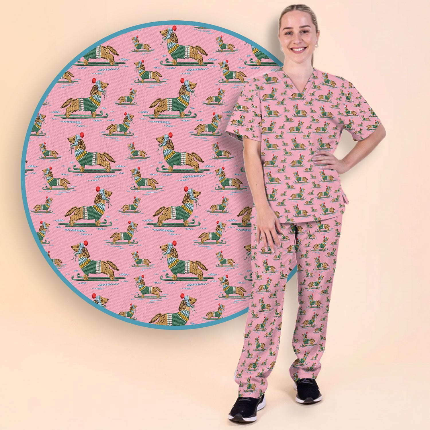 Dachshund Nurse Scrub Set, Wiener Dog Winter Pattern Shirt, Breathable Fabrics Nursing Uniform