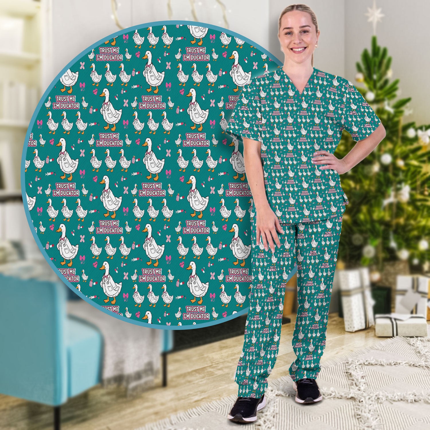 Trust Me I'm Ducktor Scrub Set, Funny Duck Pattern Scrub Shirt, Breathable Fabrics Nursing Uniform For Women