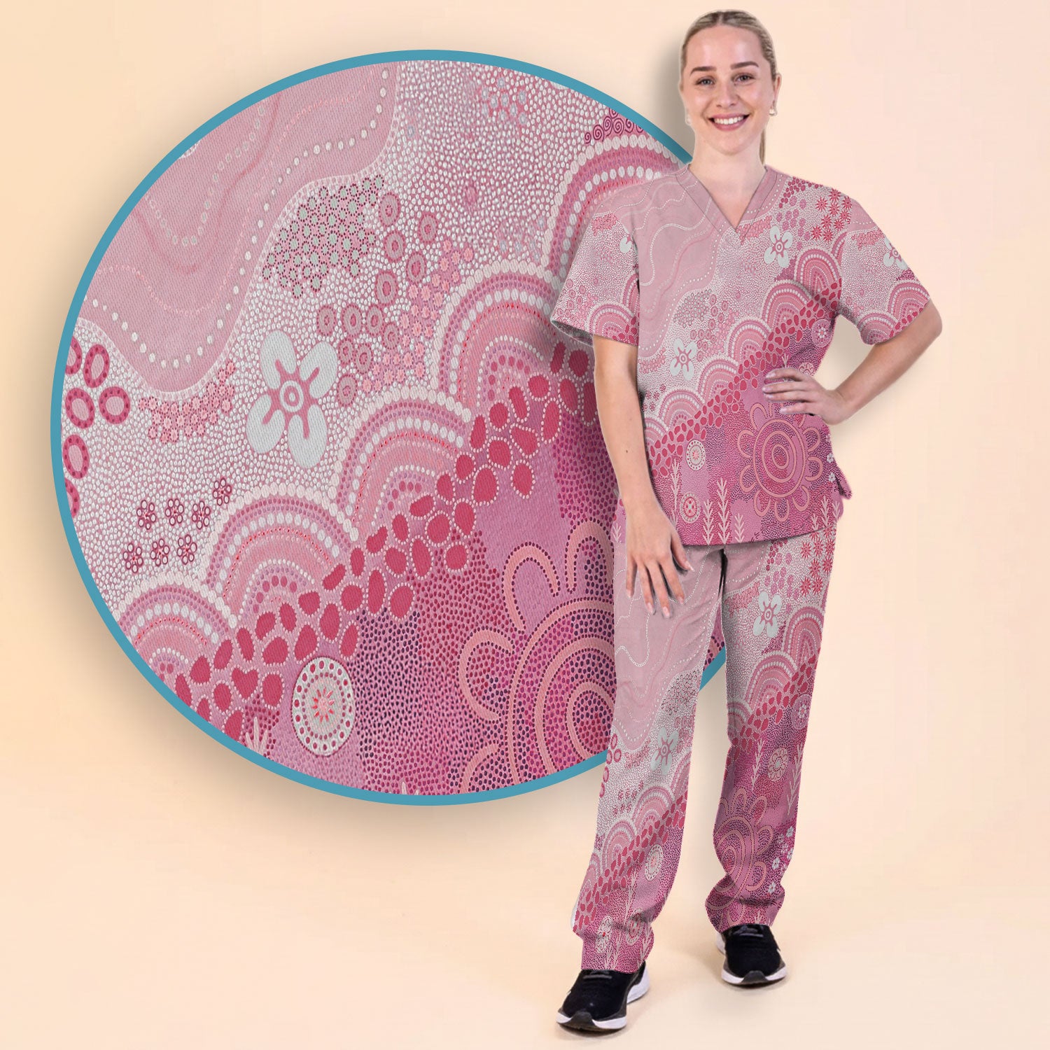 Floral Mandala Dot Pattern Women's Scrub Set, Scrub Pants and V Neck Top