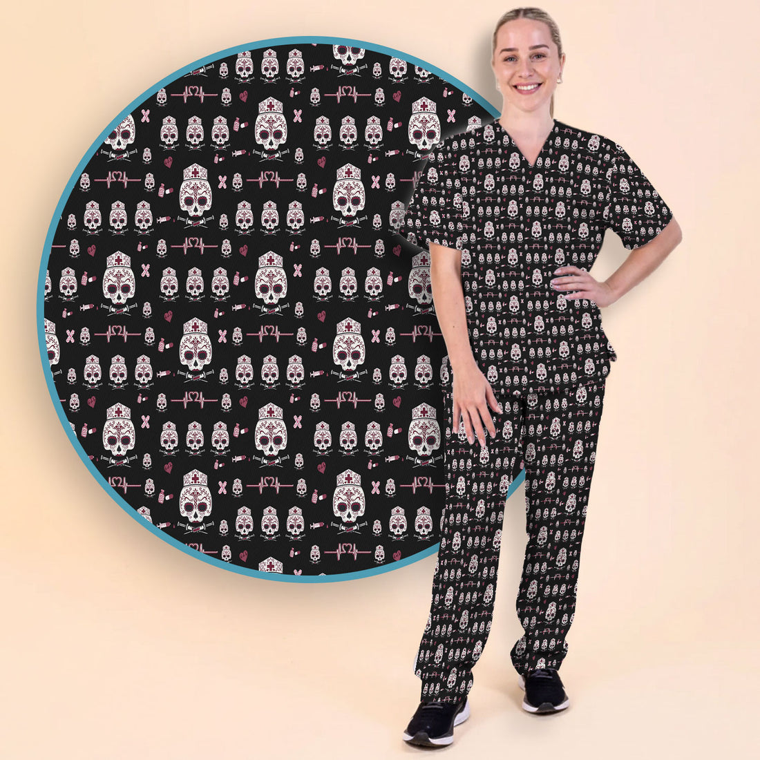Sugar Skull Scrub Set, Skull Pattern Scrub Shirt, Breathable Fabrics Nursing Uniform