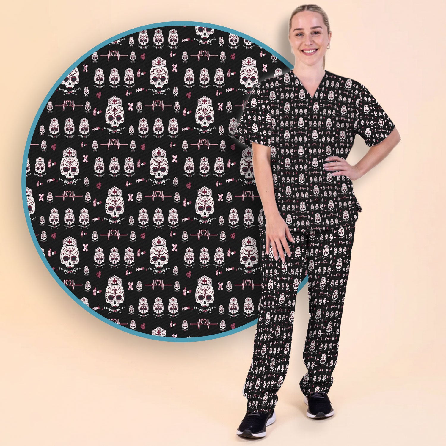 Sugar Skull Scrub Set, Skull Pattern Scrub Shirt, Breathable Fabrics Nursing Uniform