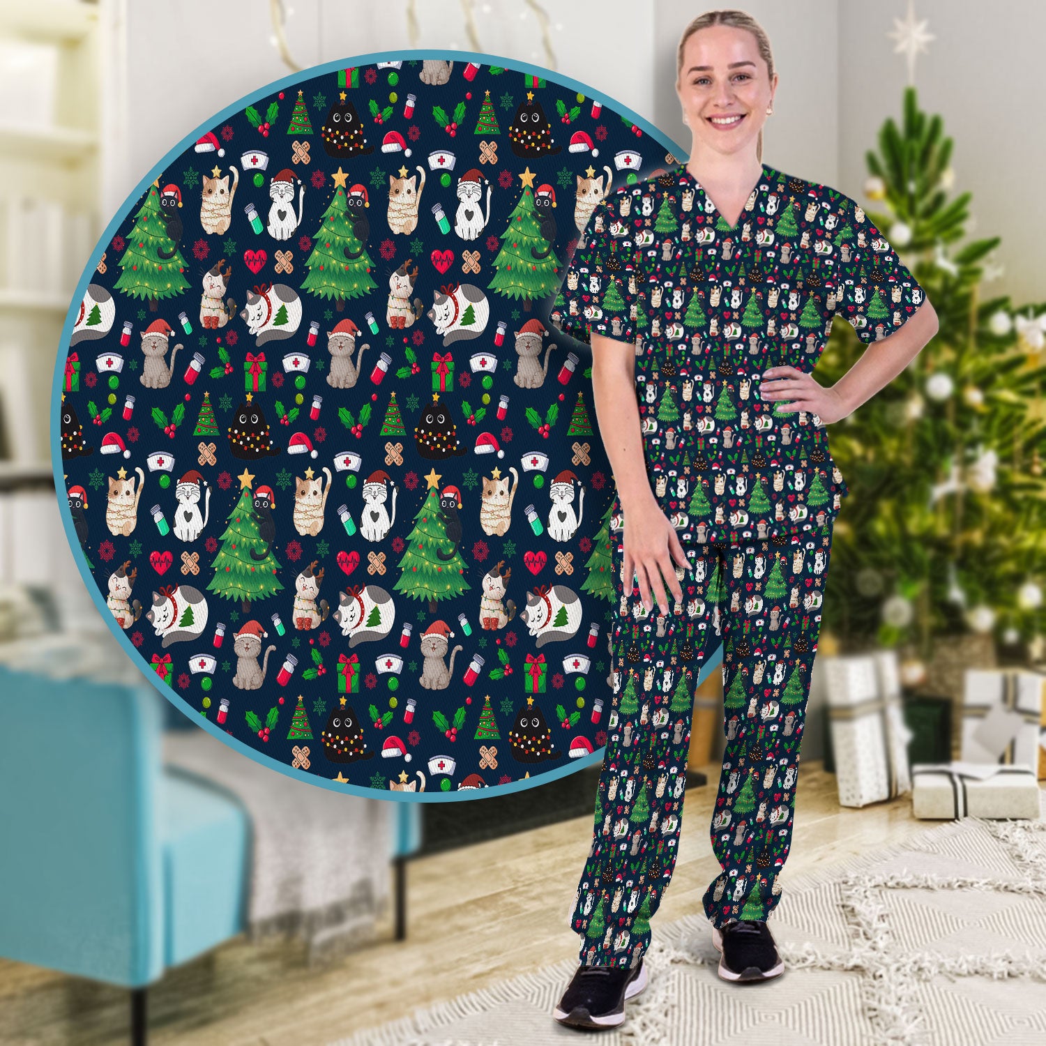 Christmas Cat Scrub Set, Xmas Pet Pattern Scrub Shirt, Breathable Fabrics Nursing Uniform