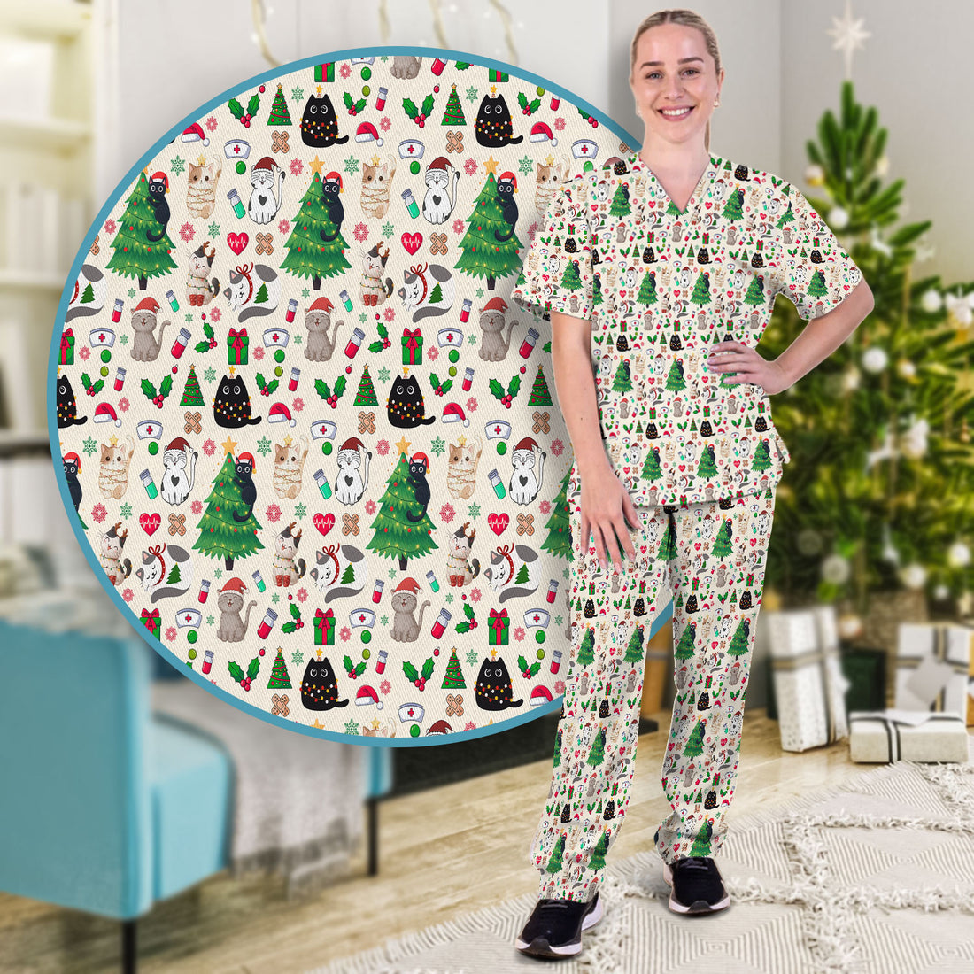 Christmas Cat Scrub Set, Xmas Pet Pattern Scrub Shirt, Breathable Fabrics Nursing Uniform
