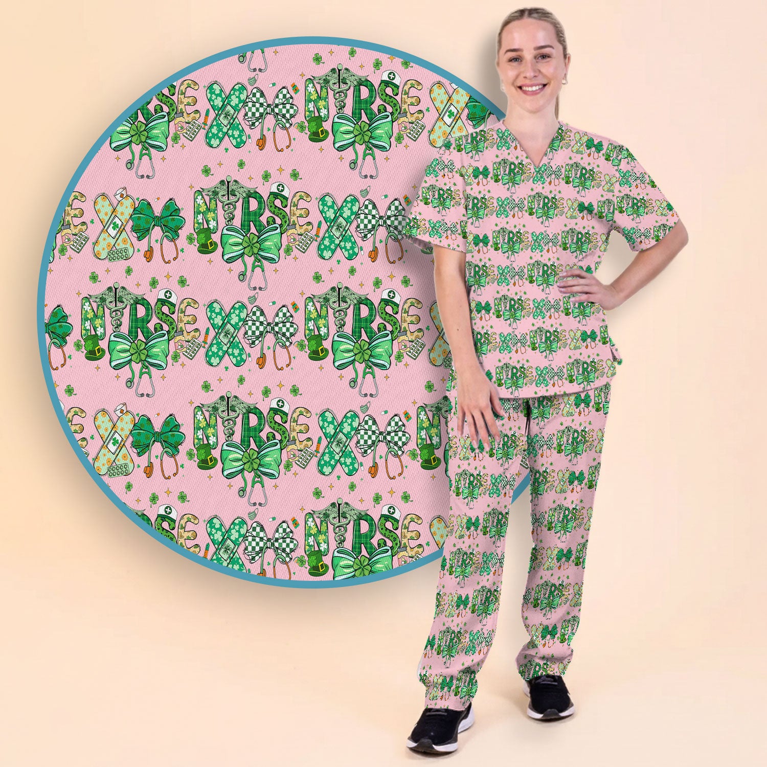 St. Patrick’s Nurse Scrub Set, Lucky Clover And Green Bow Pattern Nurse Shirt, Breathable Fabrics Nursing Uniform