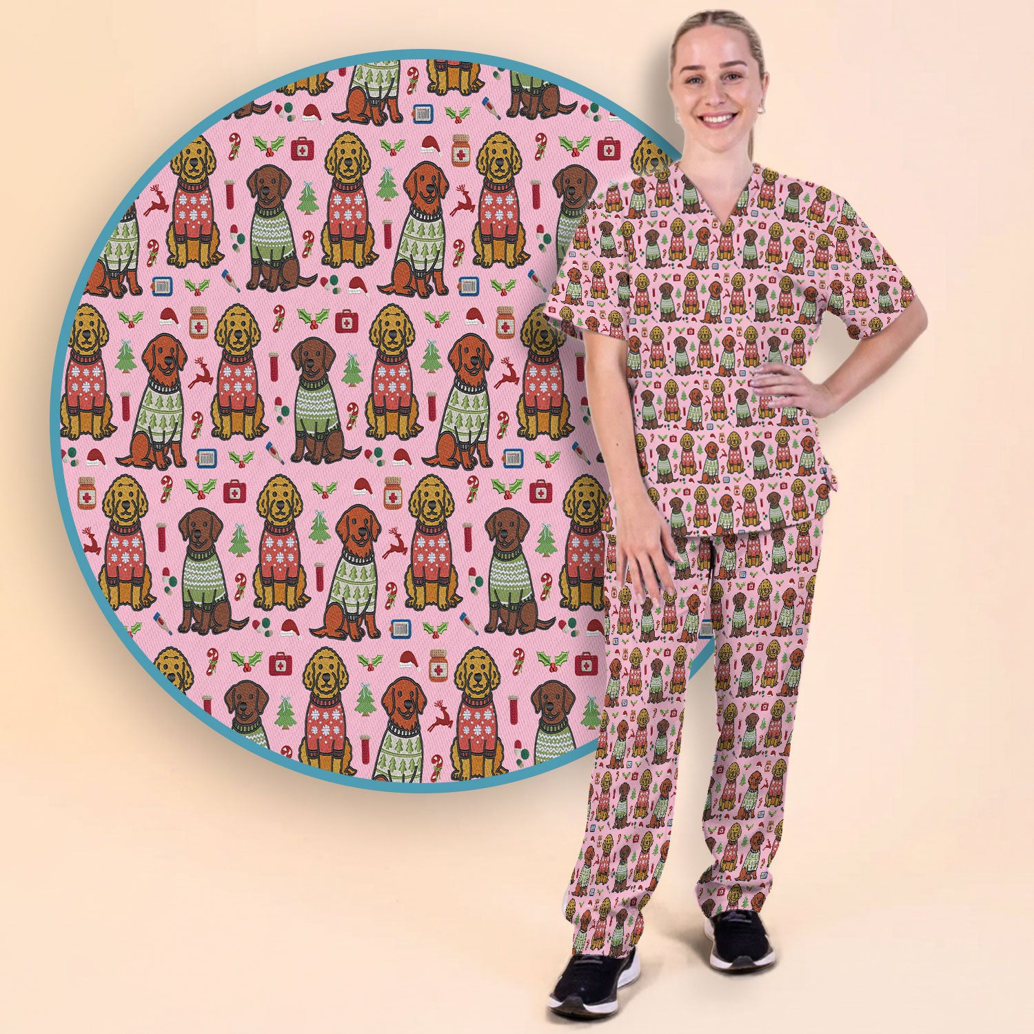 Golden Retriever Christmas Scrub Set, Cute Holiday Dog Nurse Pattern Shirt, Breathable Fabrics Nursing Uniform