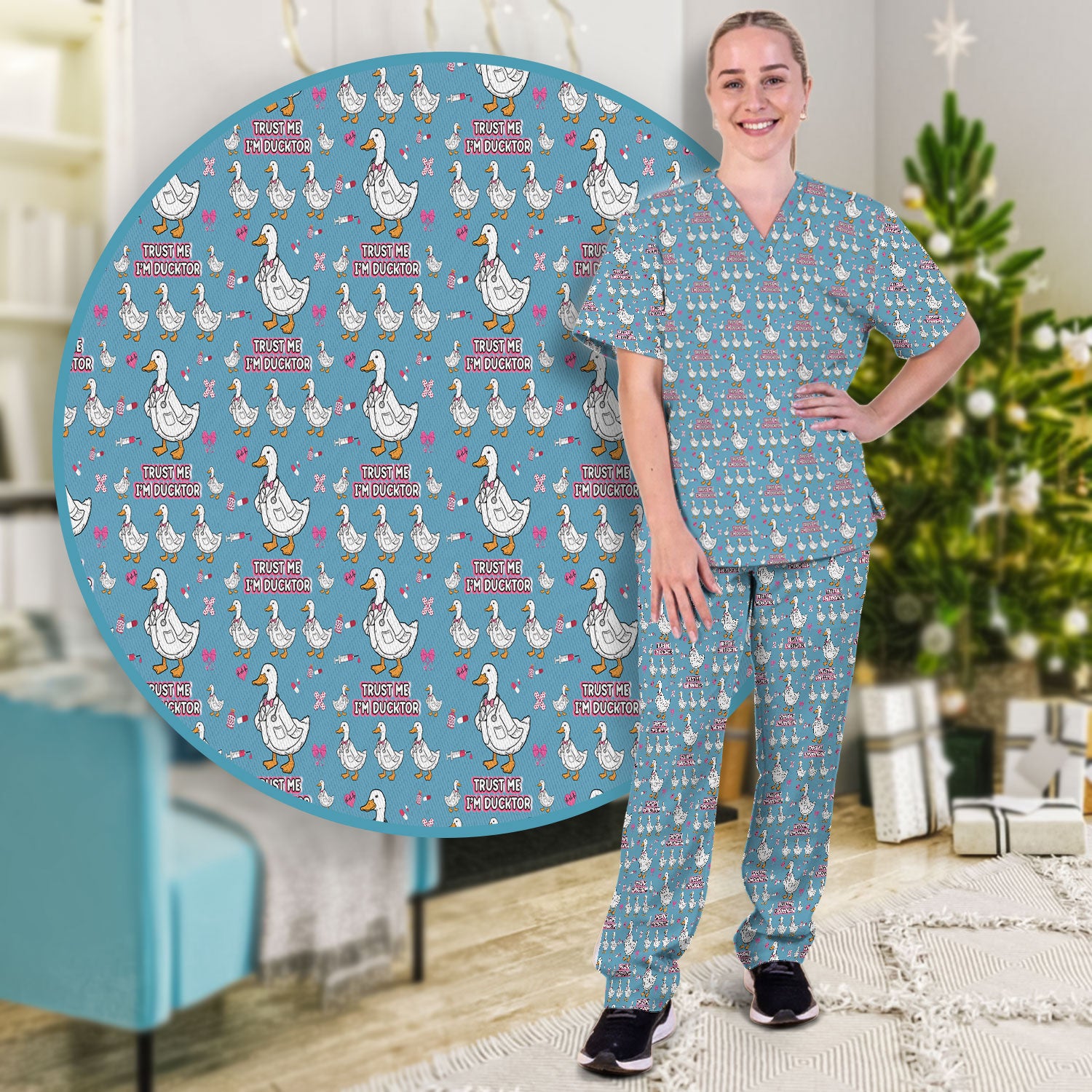 Trust Me I'm Ducktor Scrub Set, Funny Duck Pattern Scrub Shirt, Breathable Fabrics Nursing Uniform For Women