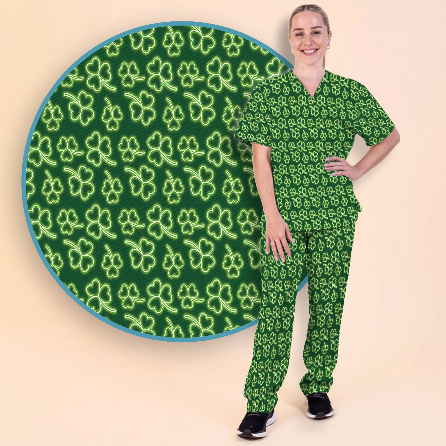 Neon Shamrock Nurse Scrub Set, St. Patrick’s Day Glow Green Pattern Pattern Shirt,  Breathable Fabrics Nursing Uniform