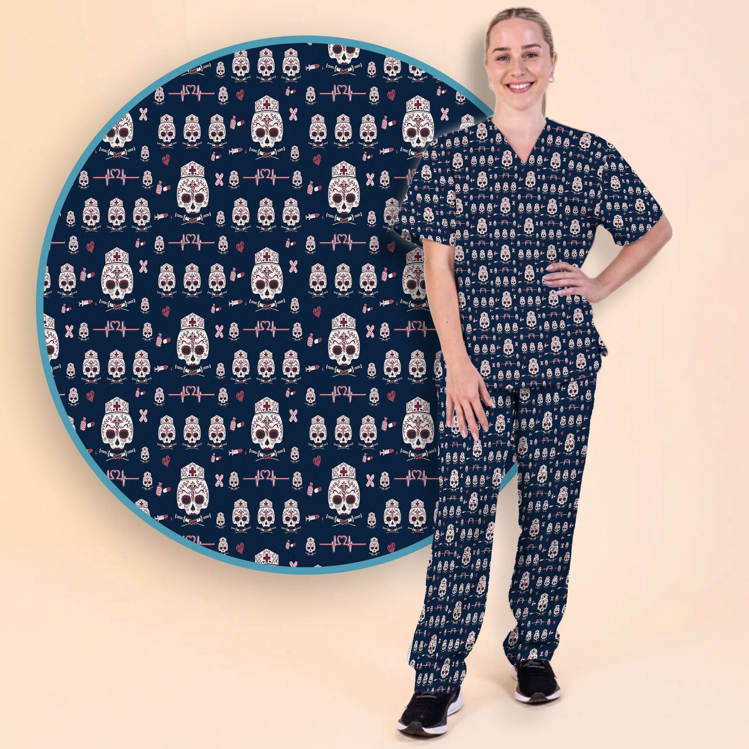 Sugar Skull Scrub Set, Skull Pattern Scrub Shirt, Breathable Fabrics Nursing Uniform