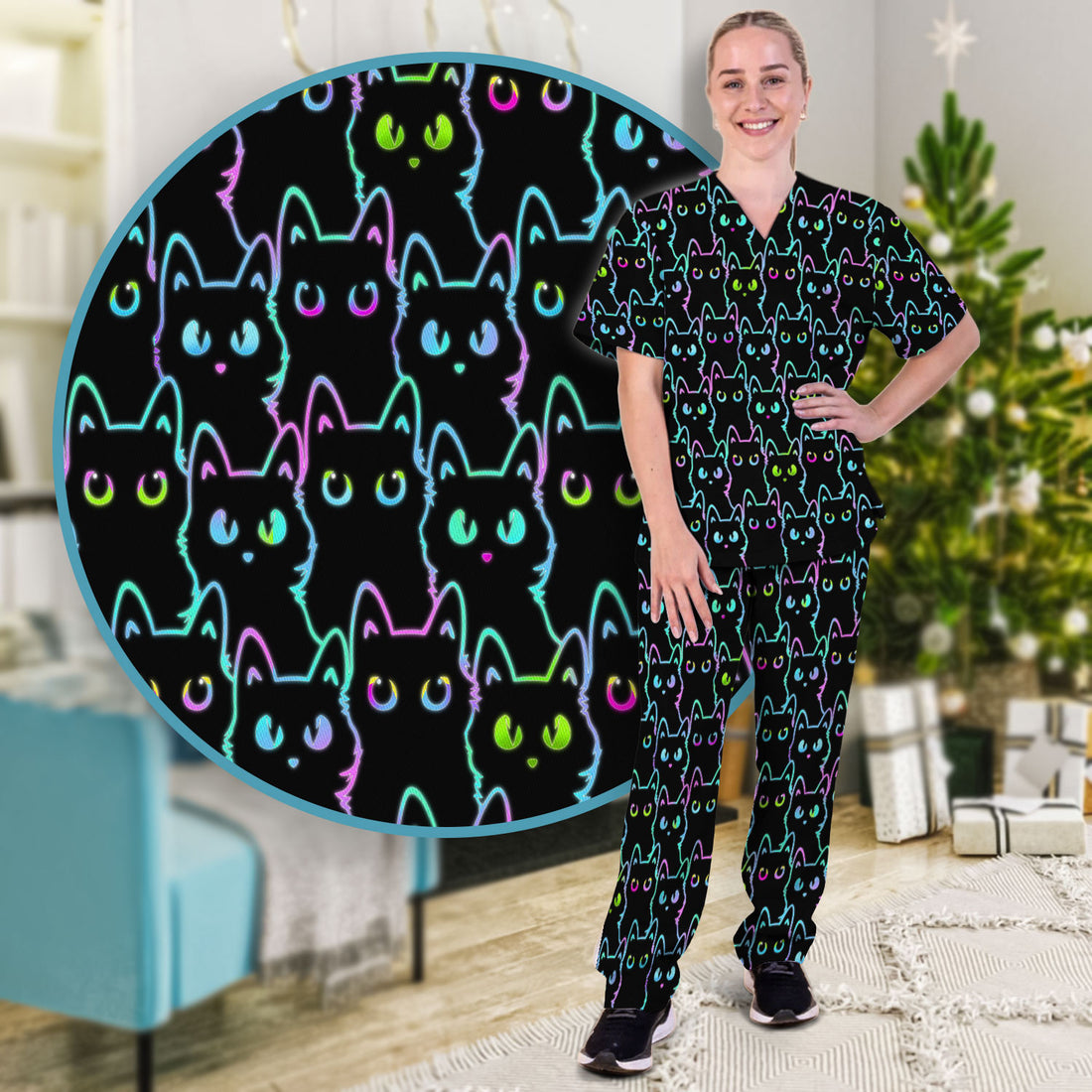 Neon Cat Pattern Scrub Set, Black Cat Scrub Shirt, Breathable Fabrics Nursing Uniform