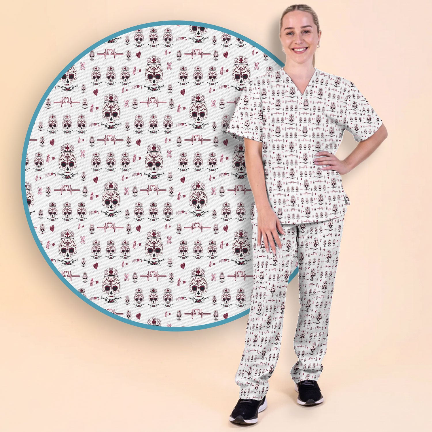 Sugar Skull Scrub Set, Skull Pattern Scrub Shirt, Breathable Fabrics Nursing Uniform