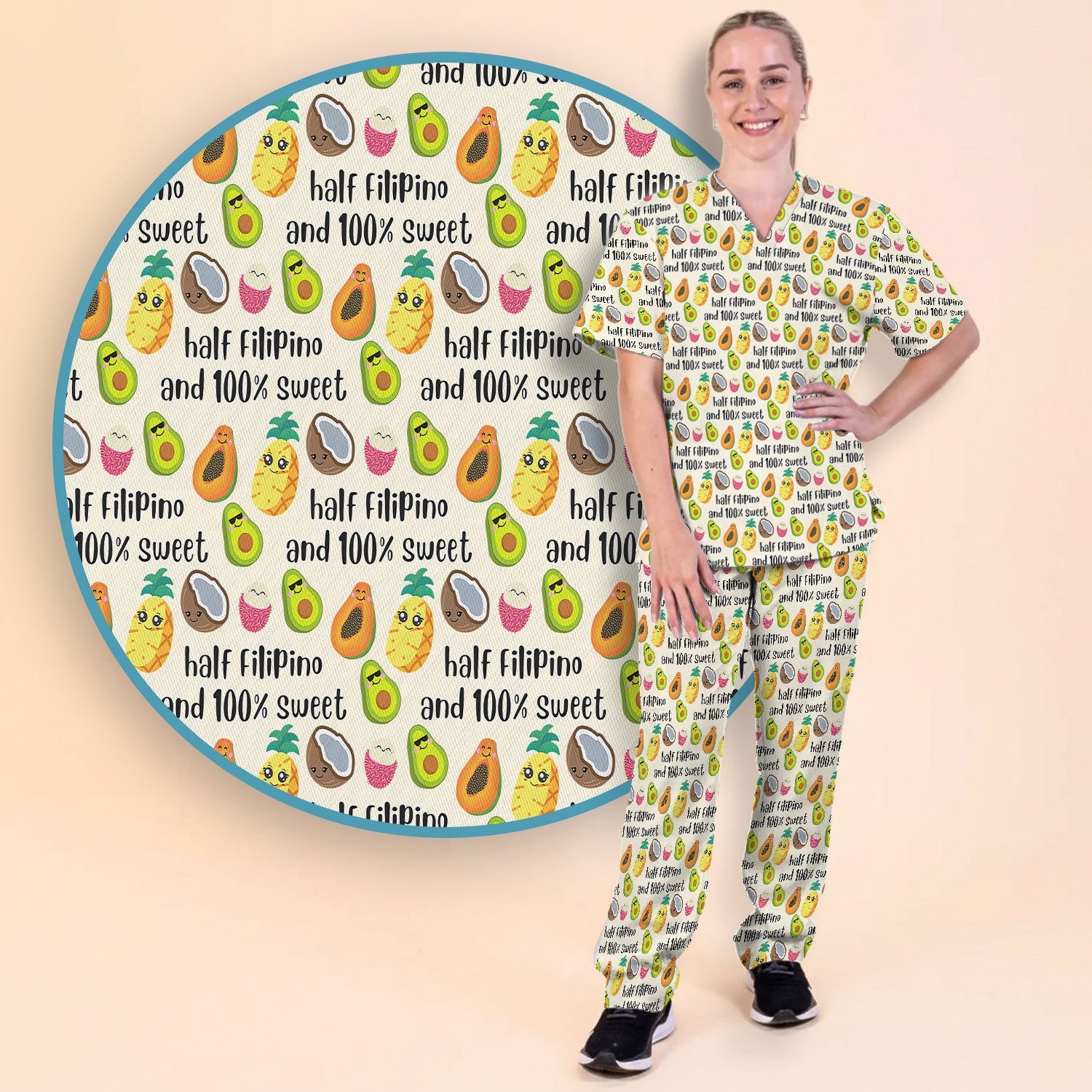 Playful Avocado Fruit Print Filipino Quote Scrub Set, Breathable Med Uniform