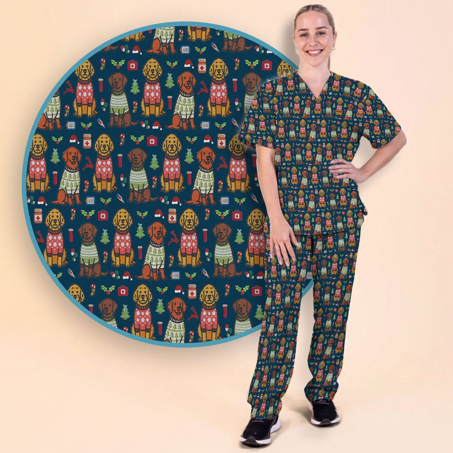Golden Retriever Christmas Scrub Set, Cute Holiday Dog Nurse Pattern Shirt, Breathable Fabrics Nursing Uniform