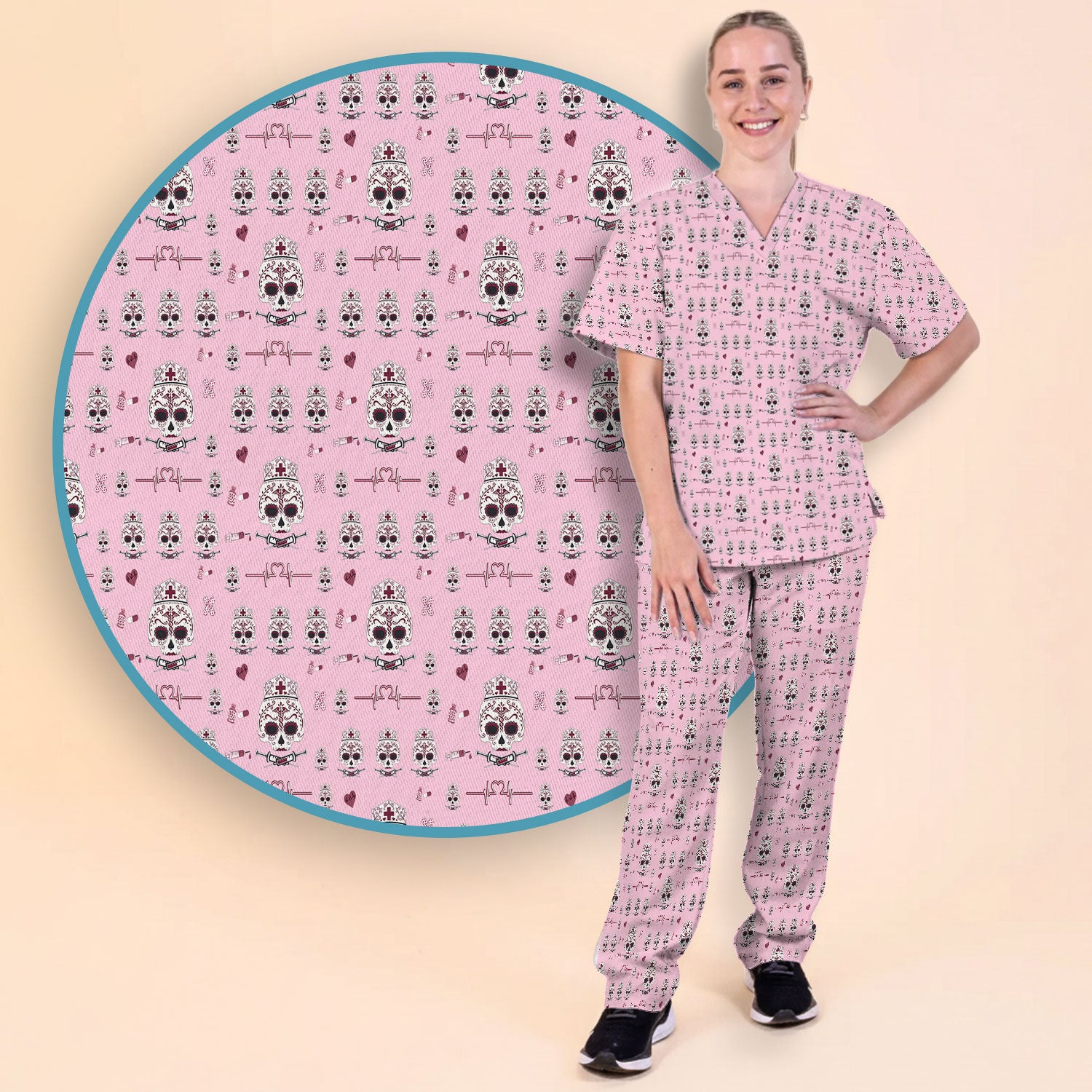 Sugar Skull Scrub Set, Skull Pattern Scrub Shirt, Breathable Fabrics Nursing Uniform