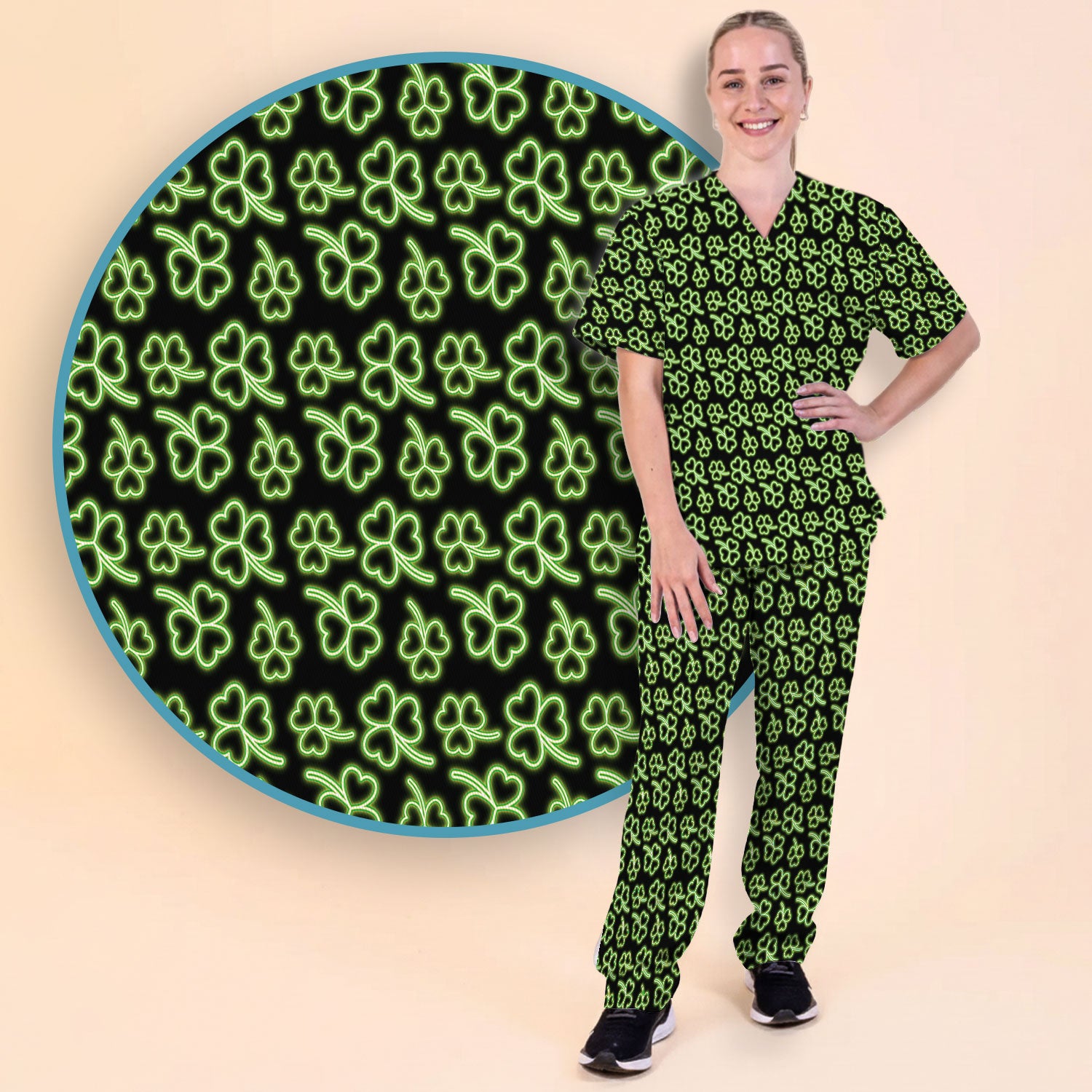 Neon Shamrock Nurse Scrub Set, St. Patrick’s Day Glow Green Pattern Pattern Shirt,  Breathable Fabrics Nursing Uniform