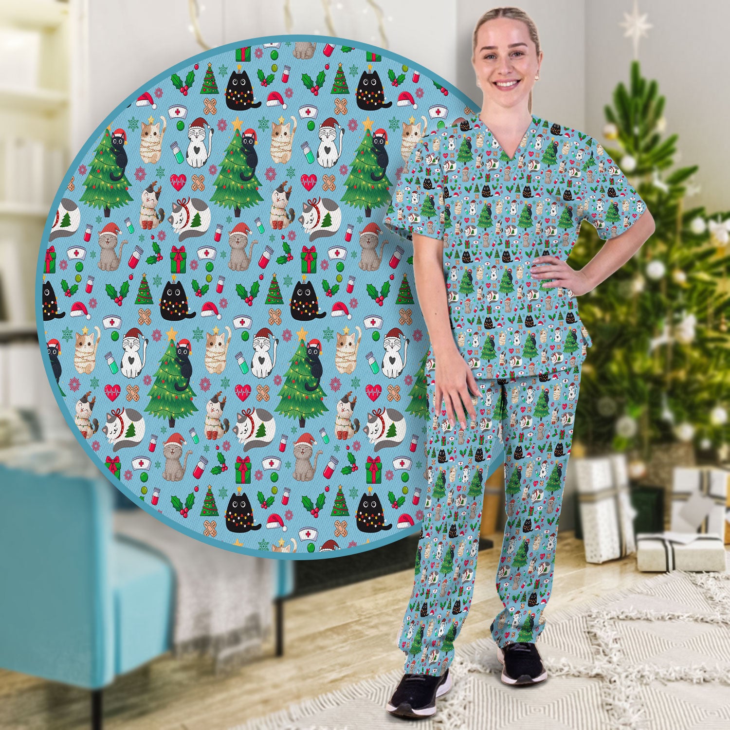 Christmas Cat Scrub Set, Xmas Pet Pattern Scrub Shirt, Breathable Fabrics Nursing Uniform