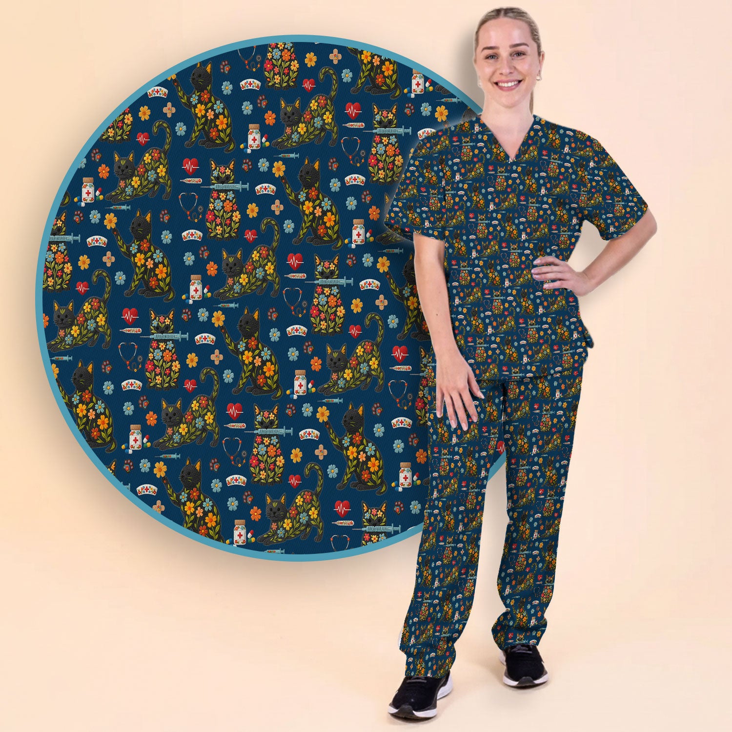 Floral Black Cat Pattern Scrub Set, Cute Cat Nurse Scrub Shirt, Medical Nursing Uniform