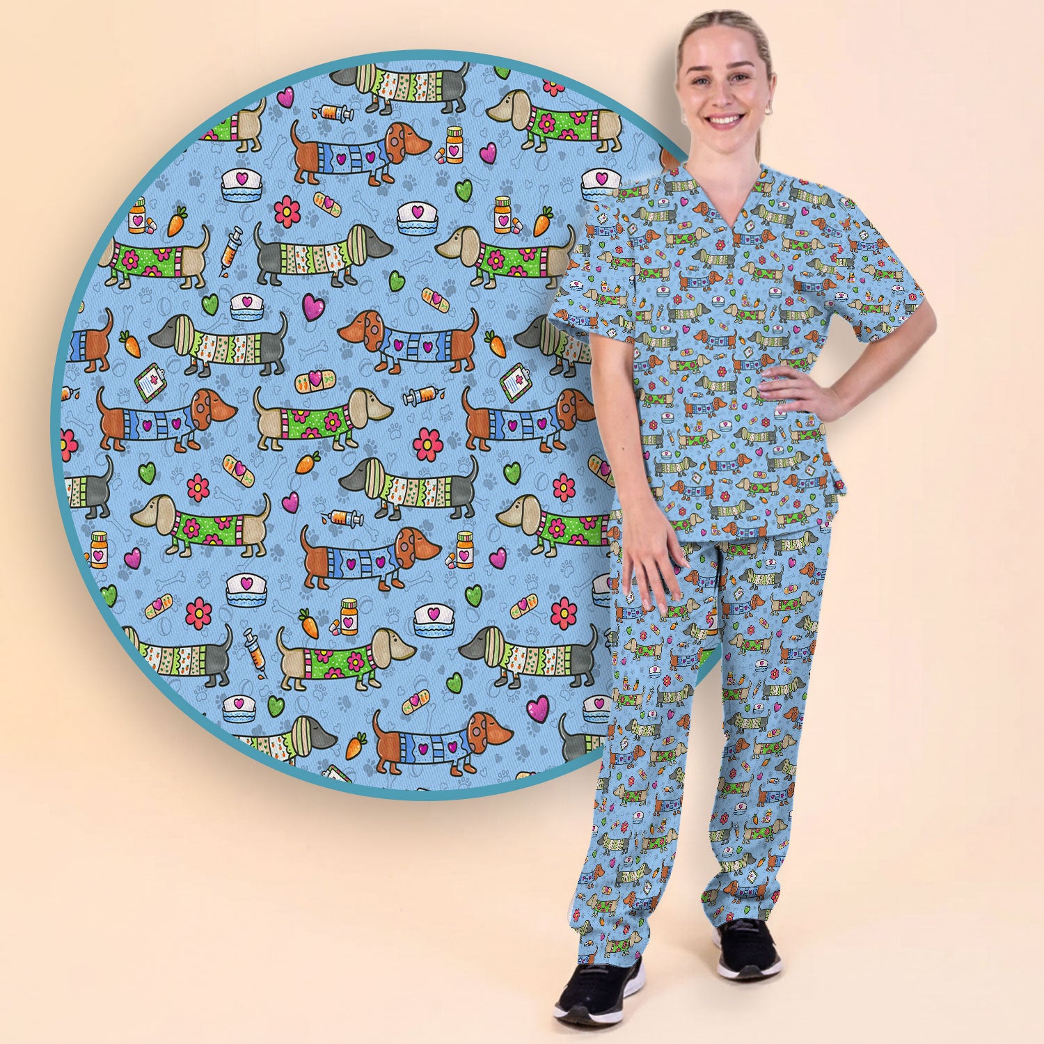Cute Dachshund Nurse Scrub Set, Funny Wiener Dog Nursing Shirt, Breathable Fabrics Nursing Uniform