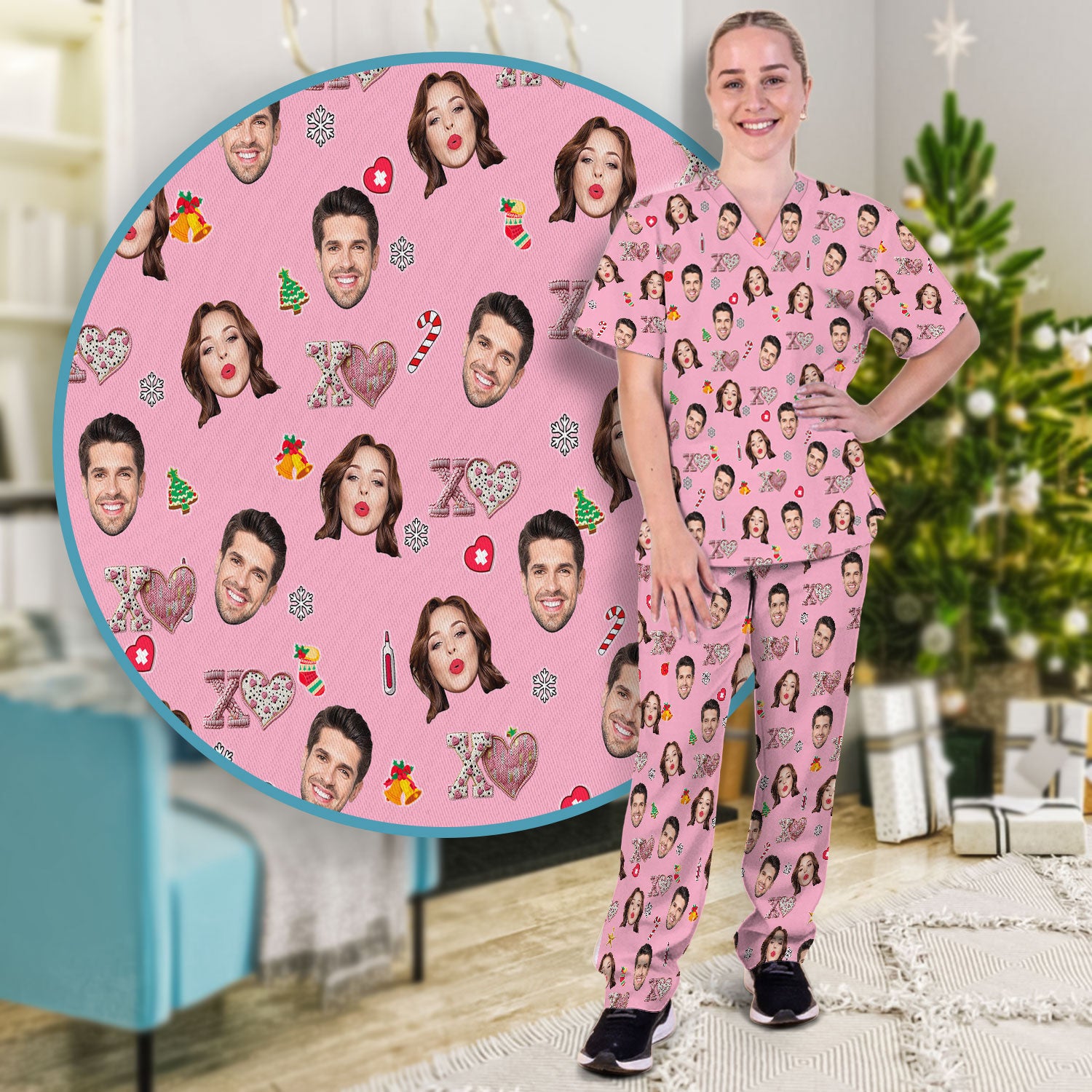 Custom Face Pattern XOXO Scrub Shirt, Personalized Photo Scrub Set, Breathable Fabrics Nursing Uniform