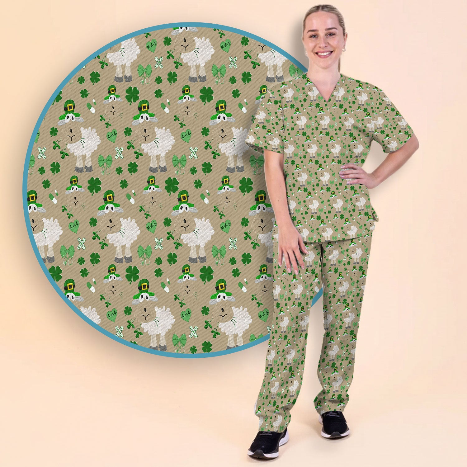 Nurse St. Patrick Scrubs Set, Cute Sheep Shamrock Pattern Nurse Shirt, Breathable Fabrics Nursing Uniform