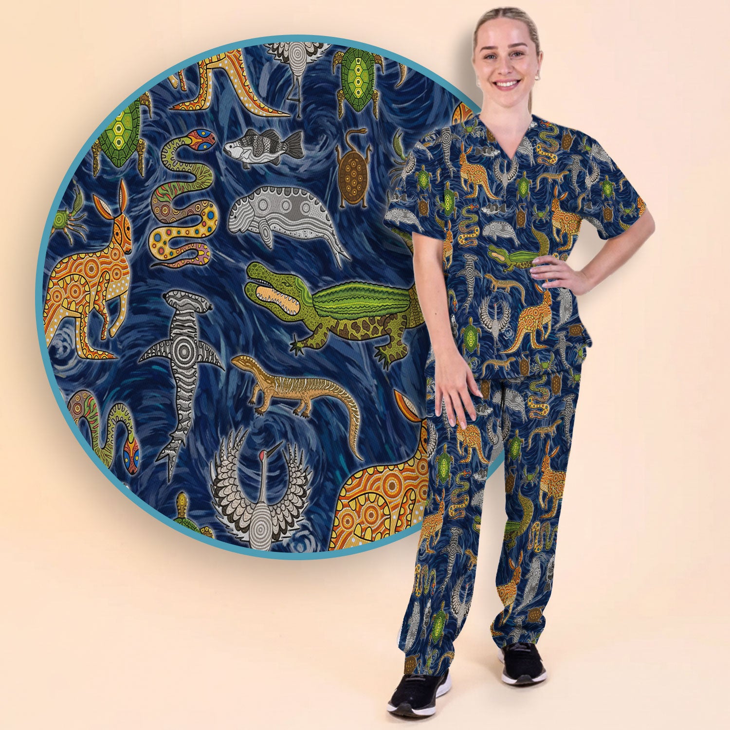 Crocodile Turtle Snake Animal Pattern Scrub Set, Women’s Scrub Sets V Neck Top