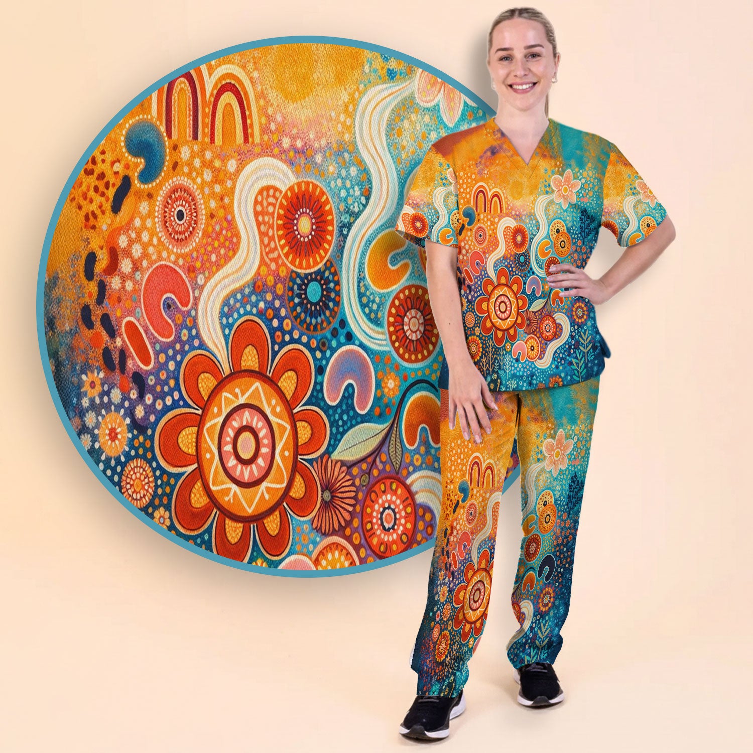 Australian Dot Art Inspired Scrub Set, Artistic Boho Pattern Nurse Shirt, Comfortable Scrubs For Nursing