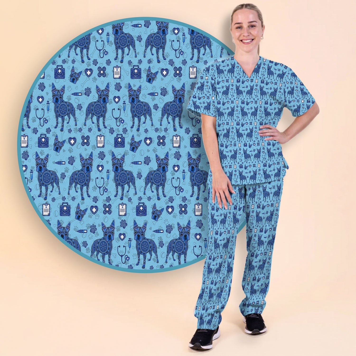 Blue Heeler Australian Cattle Dog Scrub Set, Australia Dot Art Pattern Shirt, Breathable Fabrics Nursing Uniform