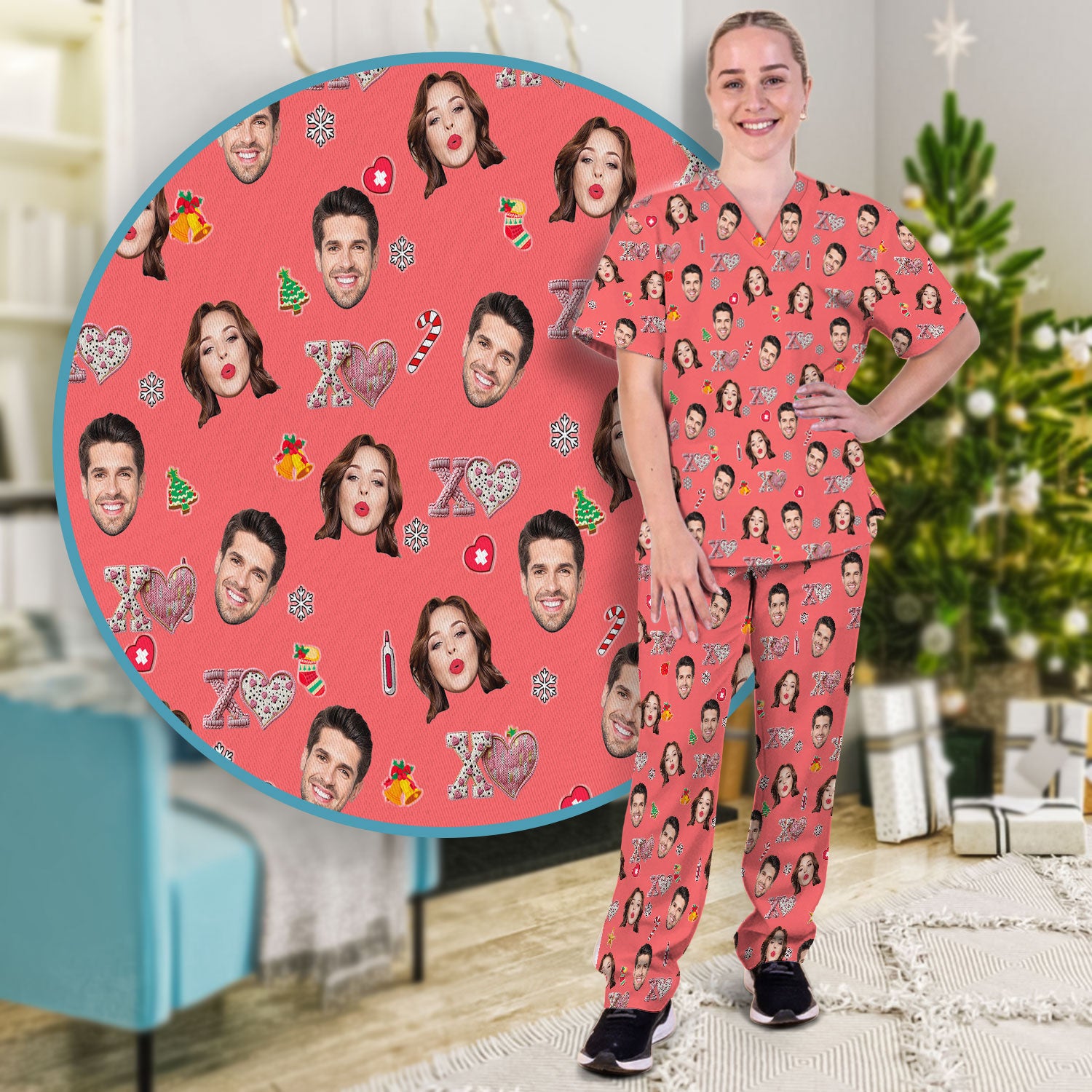 Custom Face Pattern XOXO Scrub Shirt, Personalized Photo Scrub Set, Breathable Fabrics Nursing Uniform