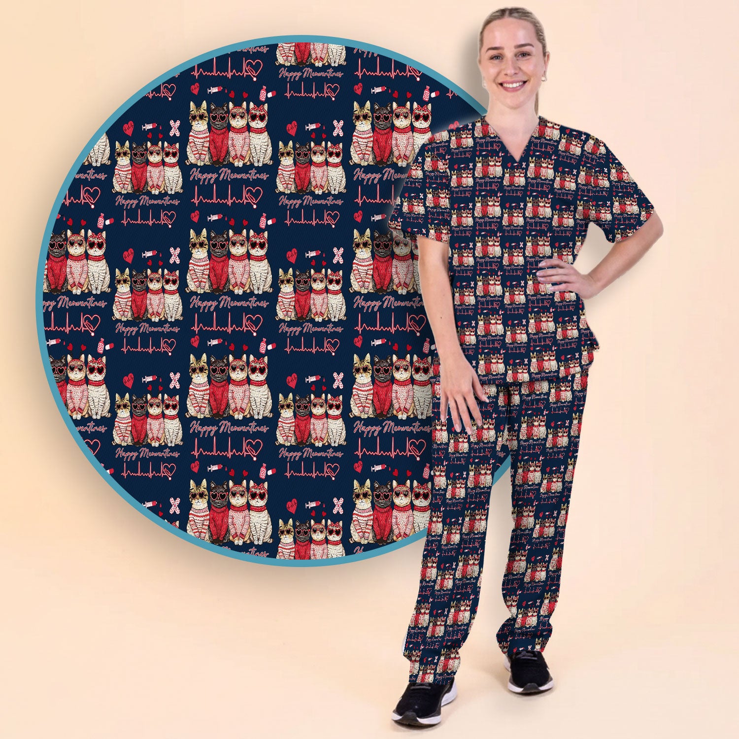 Happy Meowtines Cat Pattern Scrub Set, Valentine Cat Lover Nurse Scrub Shirt, Heartbeat Medical Pattern Nursing Uniform