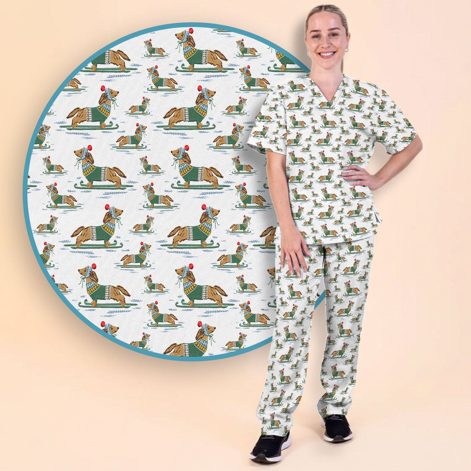 Dachshund Nurse Scrub Set, Wiener Dog Winter Pattern Shirt, Breathable Fabrics Nursing Uniform