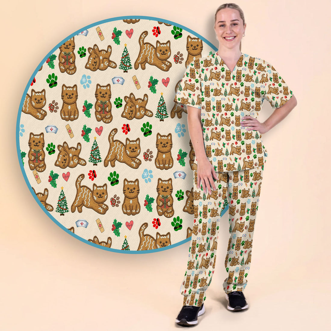 Gingerbread Cat Christmas Scrub Set, Cute Holiday Kitty Medical Uniform Shirt For Nursing, Festive Nurse Pattern