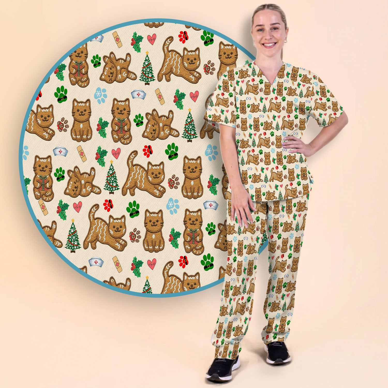 Gingerbread Cat Christmas Scrub Set, Cute Holiday Kitty Medical Uniform Shirt For Nursing, Festive Nurse Pattern