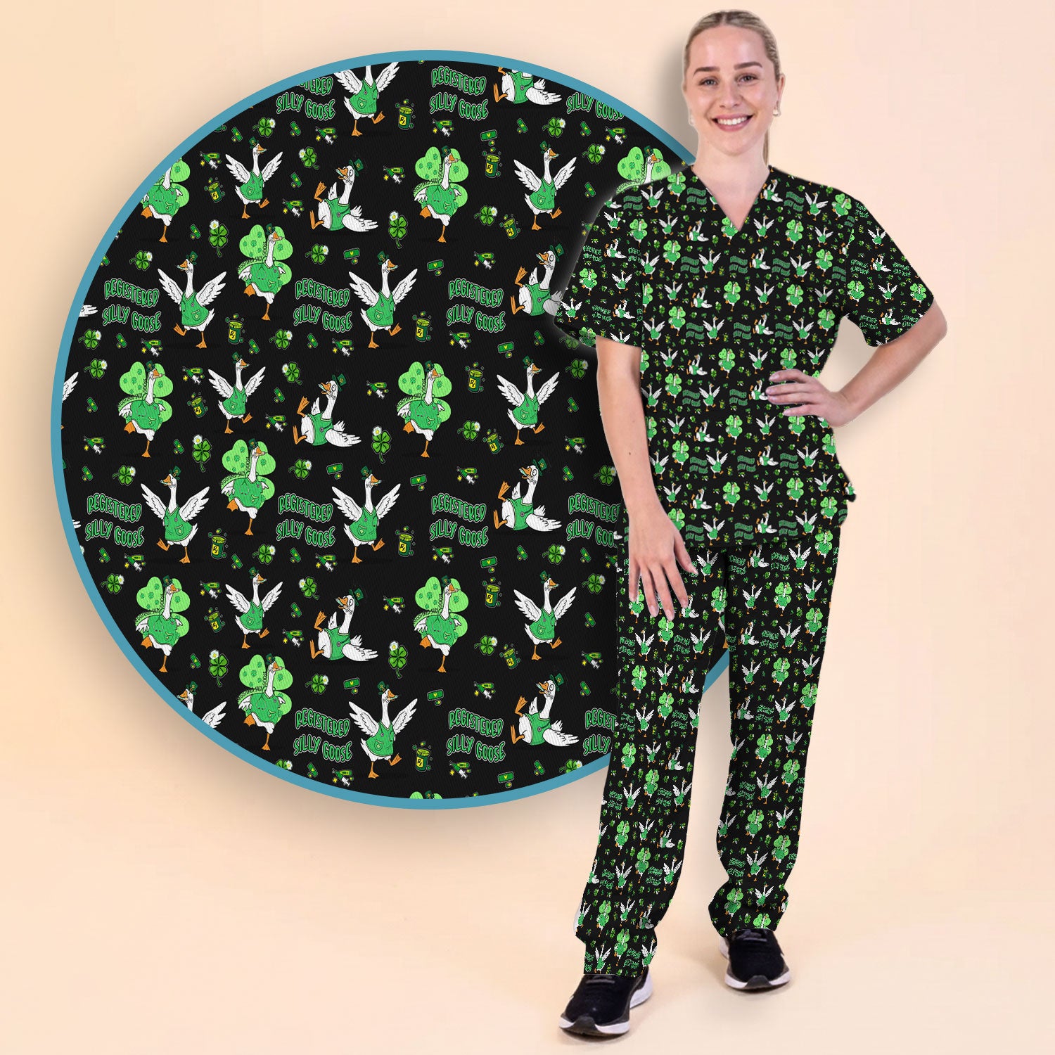 Silly Goose St. Patrick’s Day Scrub Set, Funny Goose Shamrock Pattern Nurse Scrub Shirt, Irish Green Nursing Uniform