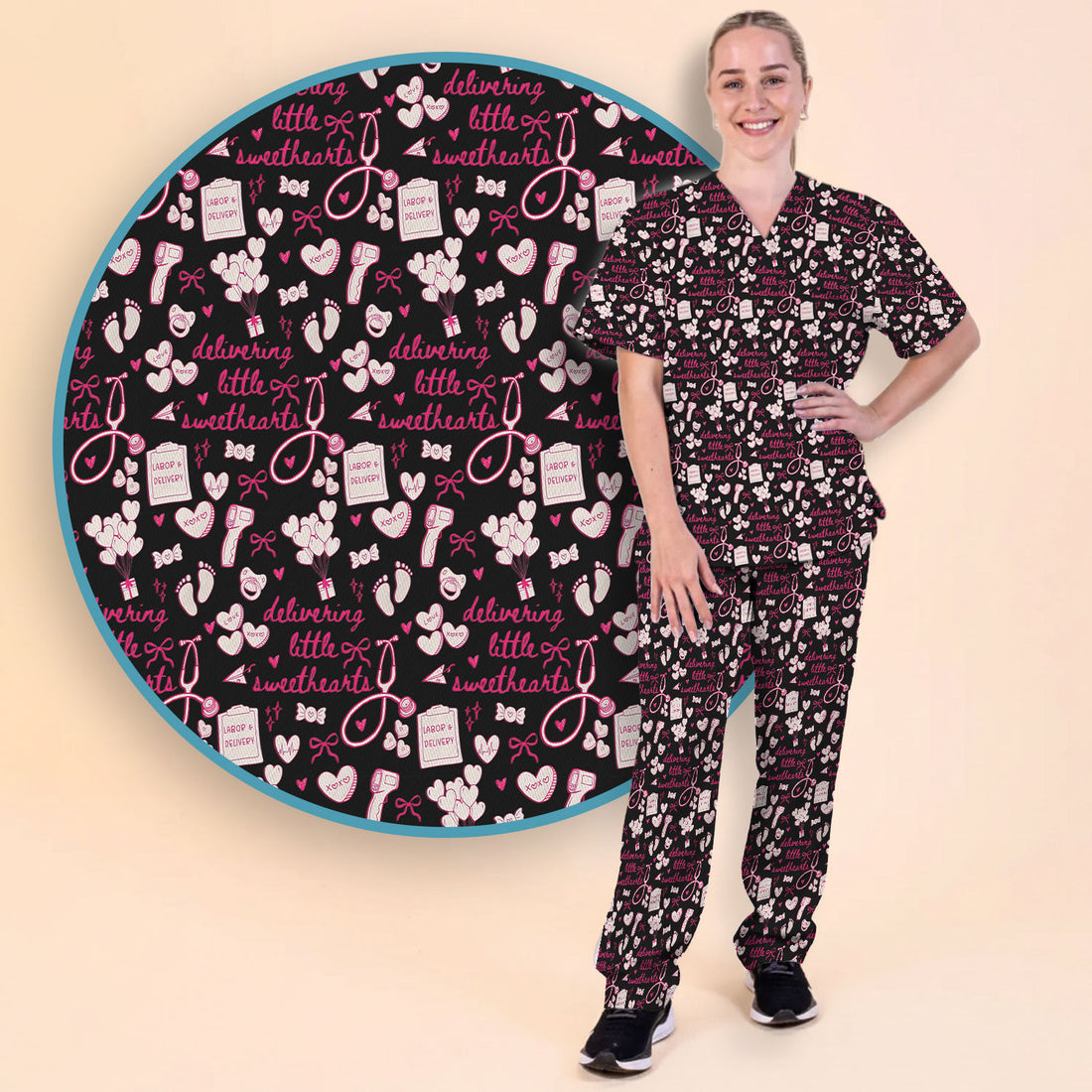Valentine Labor And Delivery Scrub Set, XOXO Pattern Scrub Shirt, Breathable Fabrics Nursing Uniform For Women