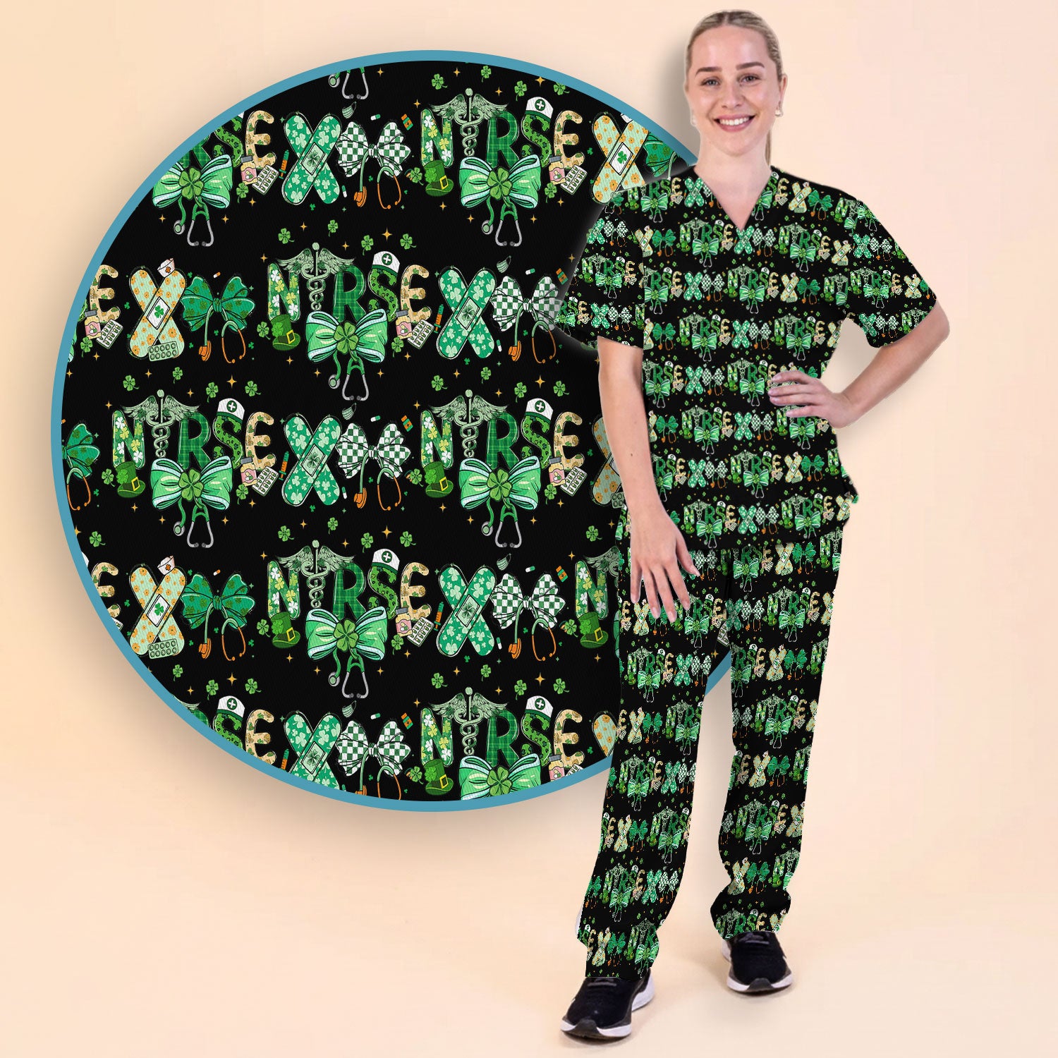 St. Patrick’s Nurse Scrub Set, Lucky Clover And Green Bow Pattern Nurse Shirt, Breathable Fabrics Nursing Uniform