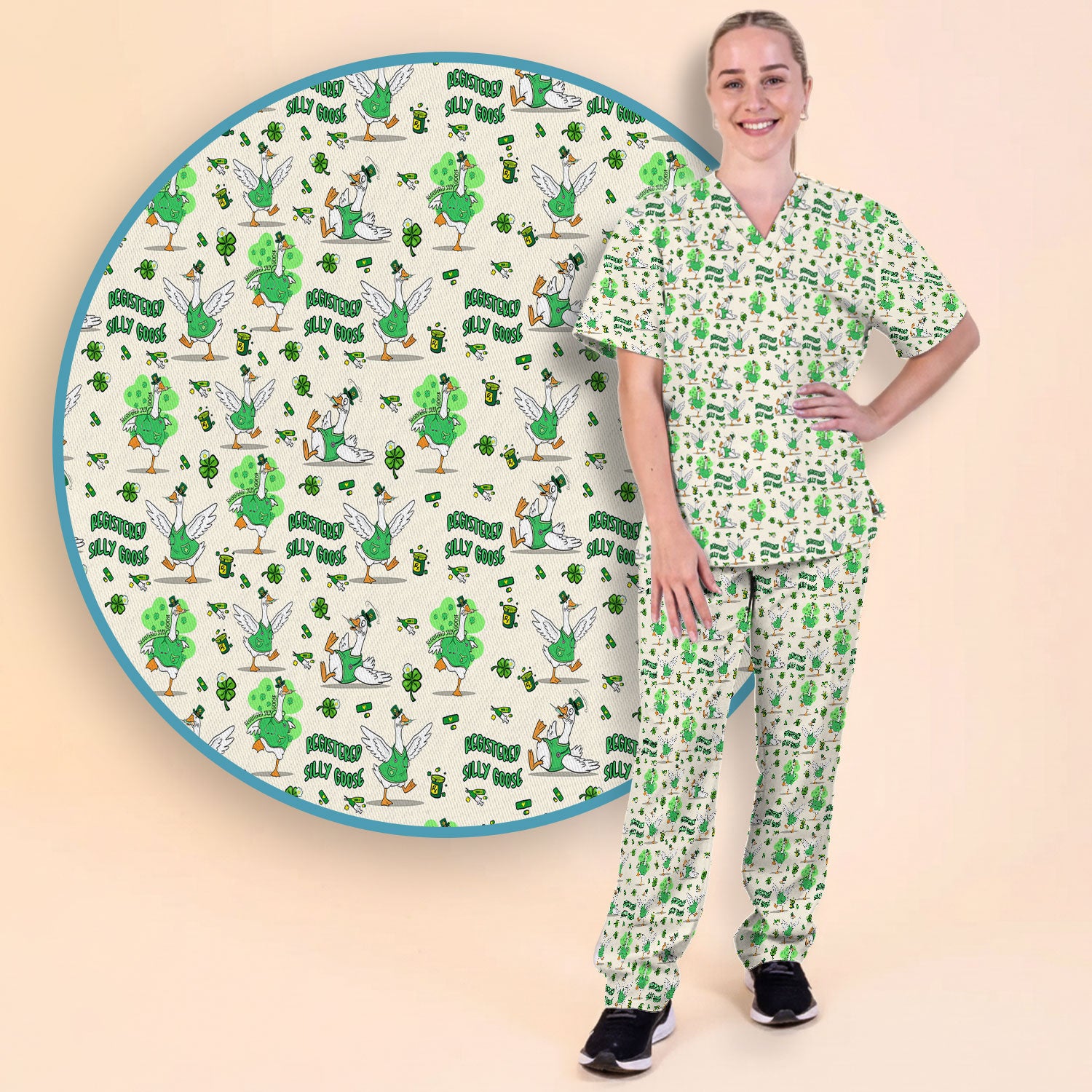 Silly Goose St. Patrick’s Day Scrub Set, Funny Goose Shamrock Pattern Nurse Scrub Shirt, Irish Green Nursing Uniform