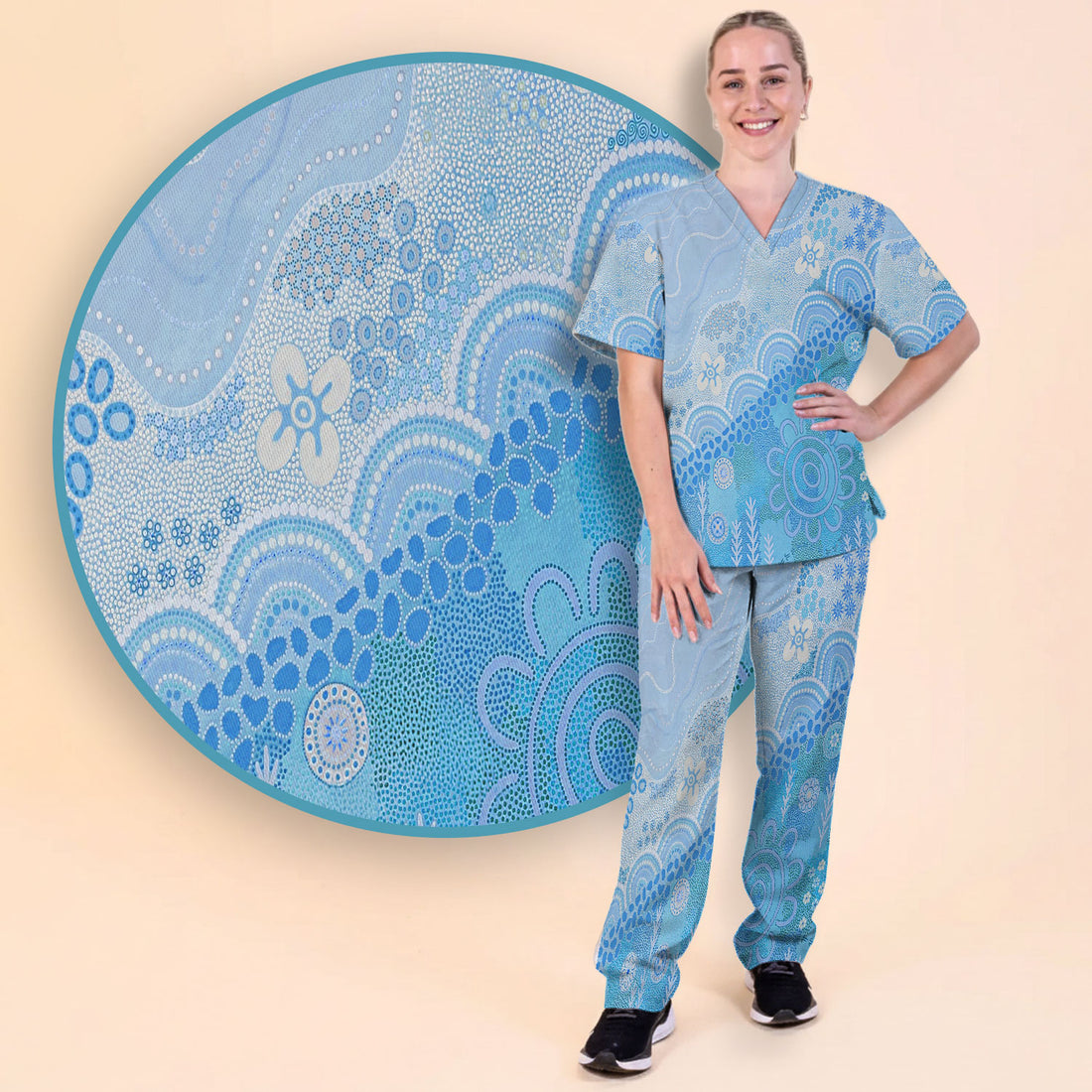 Floral Mandala Dot Pattern Women's Scrub Set, Scrub Pants and V Neck Top
