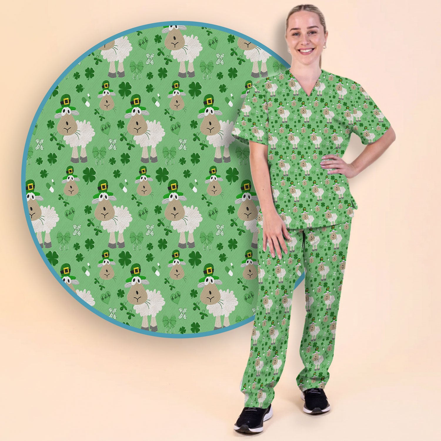 Nurse St. Patrick Scrubs Set, Cute Sheep Shamrock Pattern Nurse Shirt, Breathable Fabrics Nursing Uniform