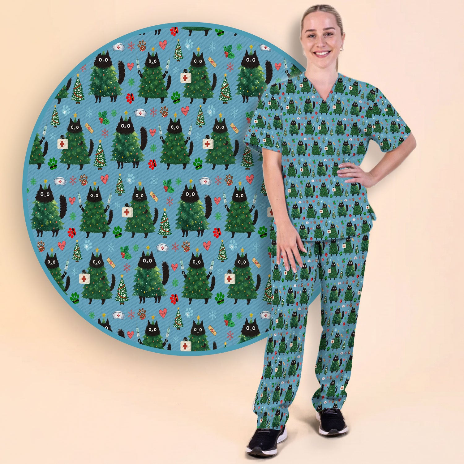 Christmas Nurse Scrub Set, Xmas Black Cat Pattern Nurse Shirt,  Breathable Fabrics Nursing Uniform