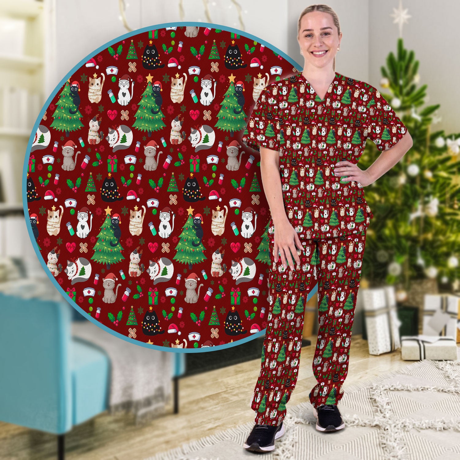 Christmas Cat Scrub Set, Xmas Pet Pattern Scrub Shirt, Breathable Fabrics Nursing Uniform