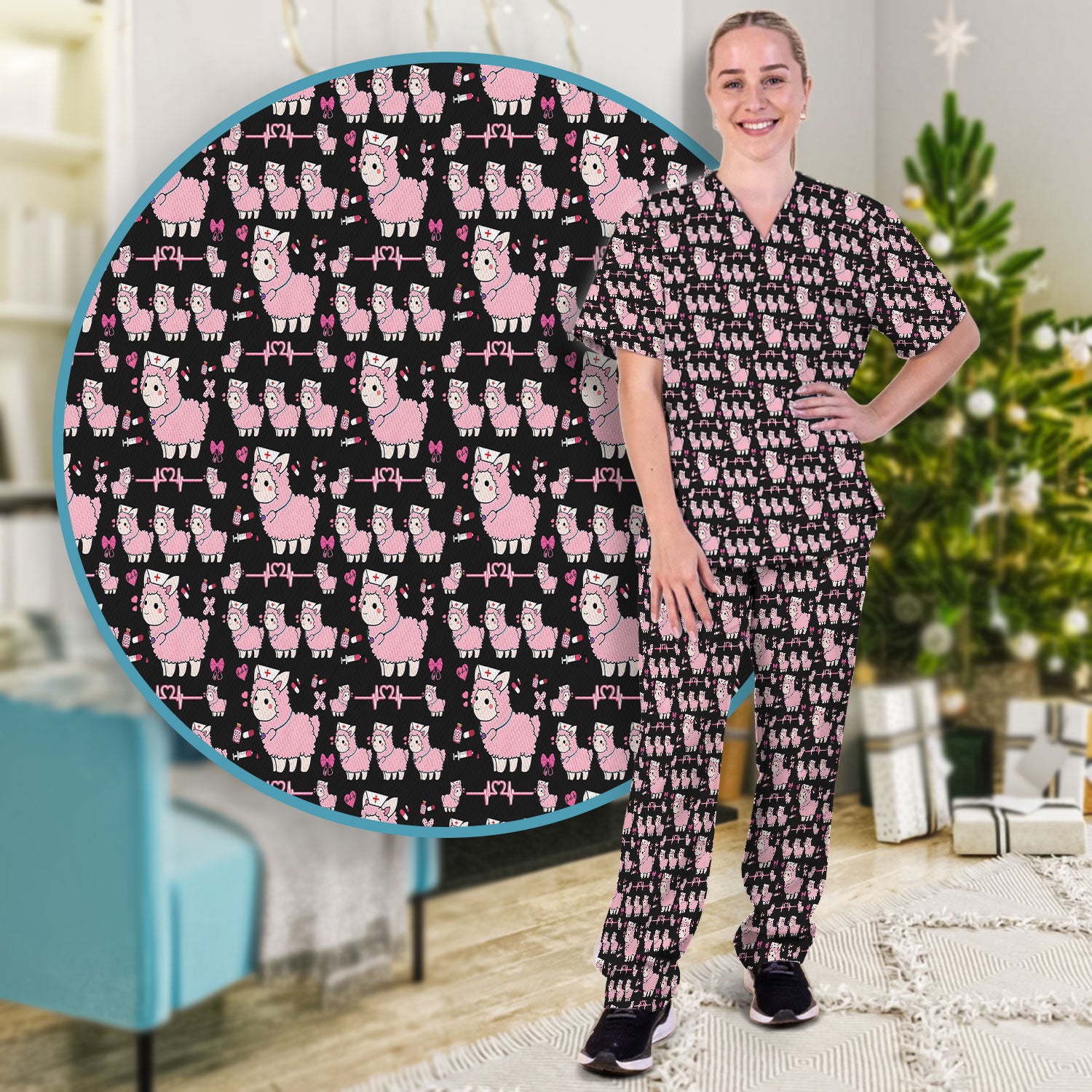 Llama Ain't Got Time For Your Drama Scrub Set, Funny Pattern Scrub Shirt, Breathable Fabrics Nursing Uniform