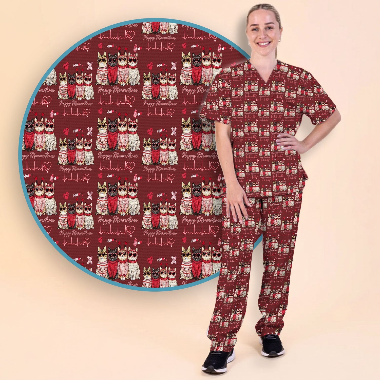 Happy Meowtines Cat Pattern Scrub Set, Valentine Cat Lover Nurse Scrub Shirt, Heartbeat Medical Pattern Nursing Uniform