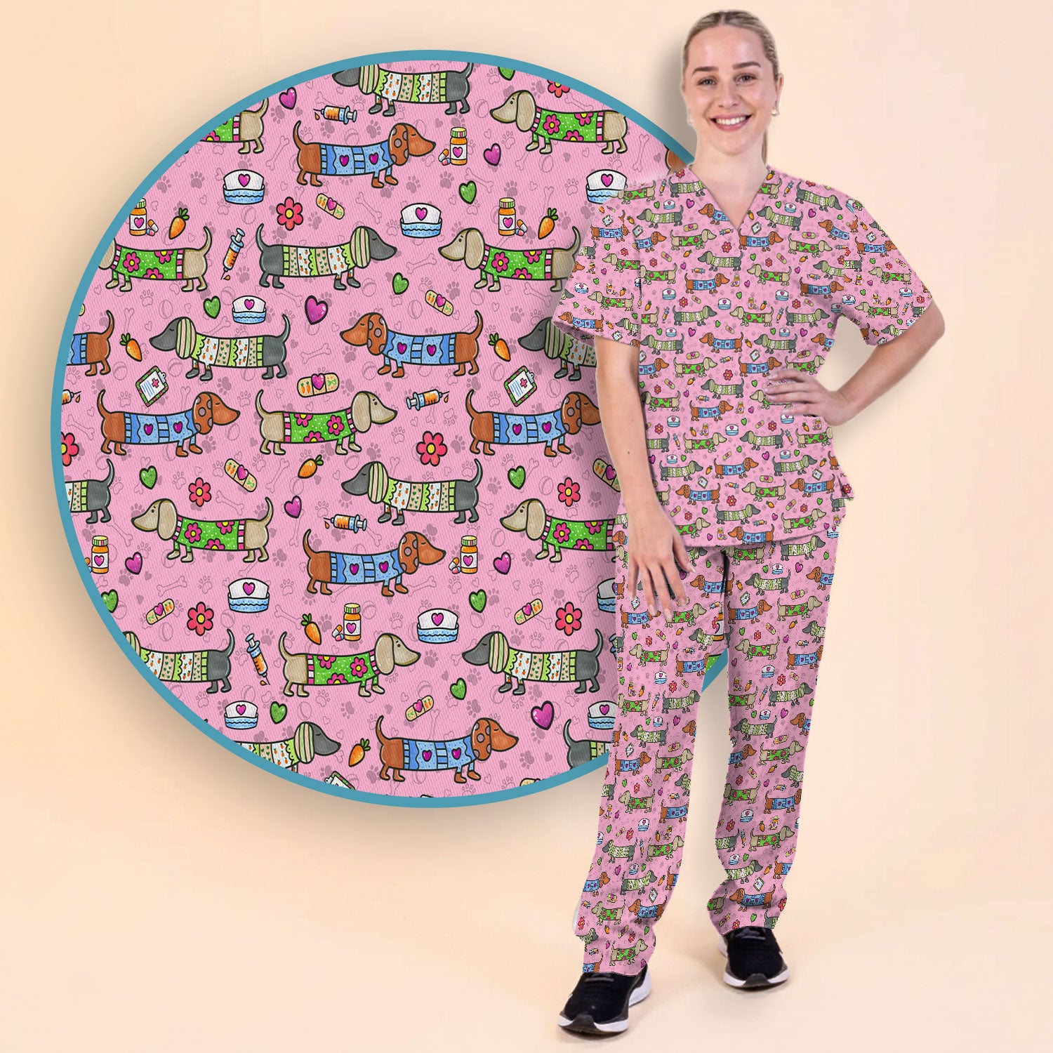 Cute Dachshund Nurse Scrub Set, Funny Wiener Dog Nursing Shirt, Breathable Fabrics Nursing Uniform