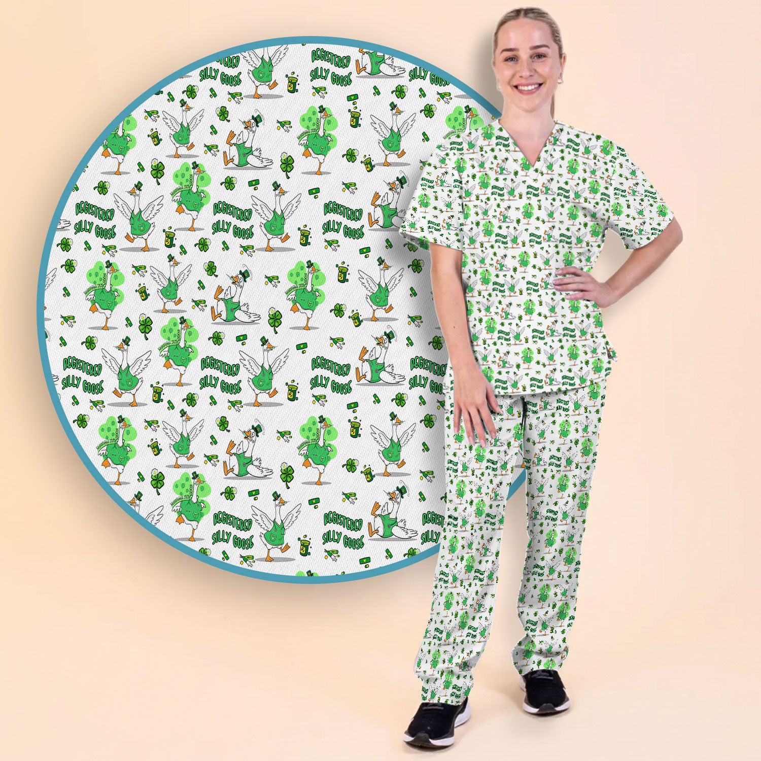 Silly Goose St. Patrick’s Day Scrub Set, Funny Goose Shamrock Pattern Nurse Scrub Shirt, Irish Green Nursing Uniform