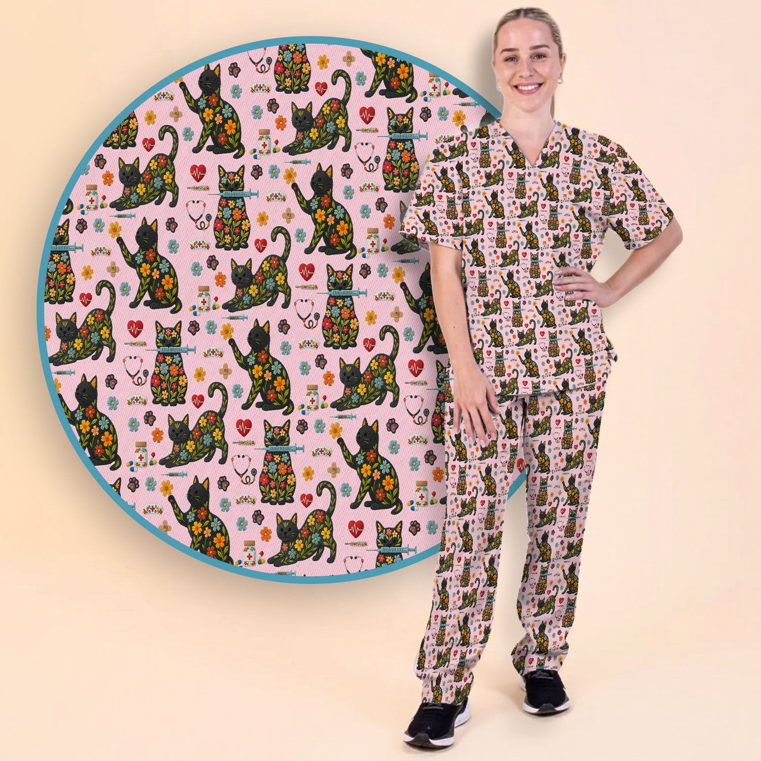 Floral Black Cat Pattern Scrub Set, Cute Cat Nurse Scrub Shirt, Medical Nursing Uniform