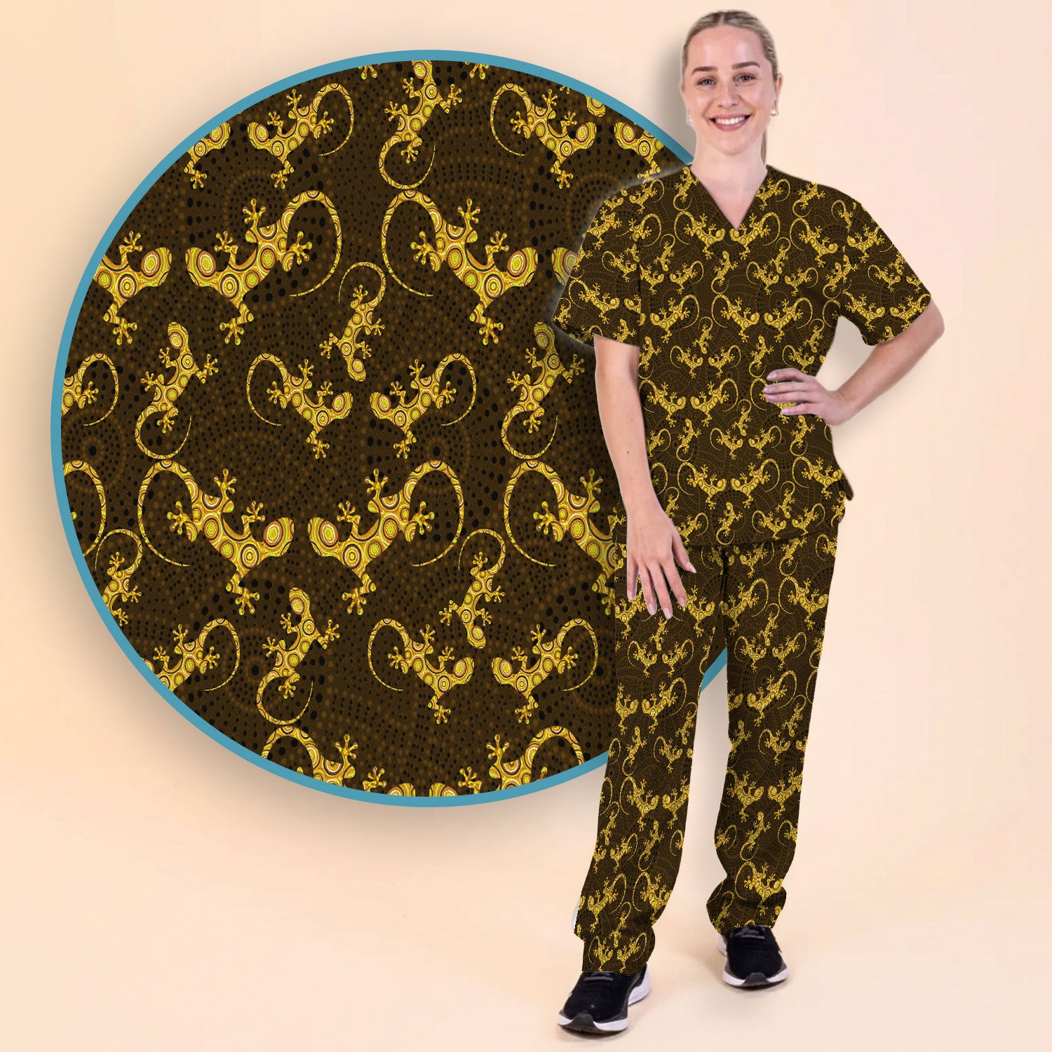 Australian Gecko Dot Art Inspired Nursing Scrub Set - Women Uniform