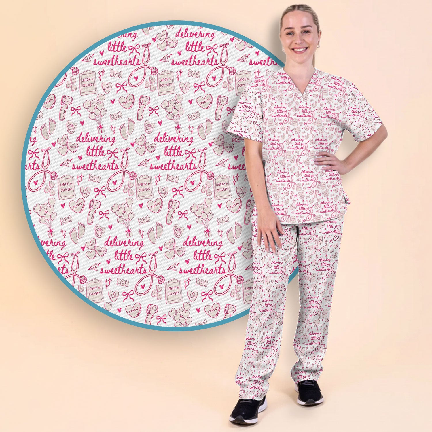 Valentine Labor And Delivery Scrub Set, XOXO Pattern Scrub Shirt, Breathable Fabrics Nursing Uniform For Women