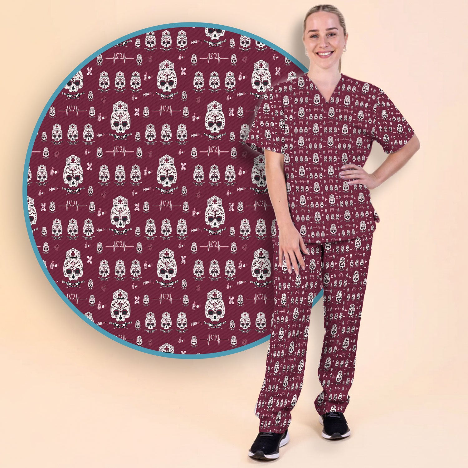 Sugar Skull Scrub Set, Skull Pattern Scrub Shirt, Breathable Fabrics Nursing Uniform