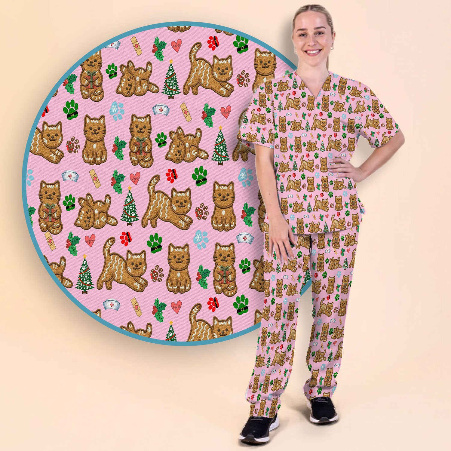Gingerbread Cat Christmas Scrub Set, Cute Holiday Kitty Medical Uniform Shirt For Nursing, Festive Nurse Pattern