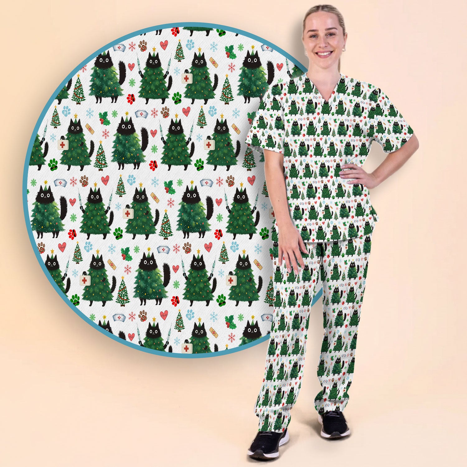 Christmas Nurse Scrub Set, Xmas Black Cat Pattern Nurse Shirt,  Breathable Fabrics Nursing Uniform