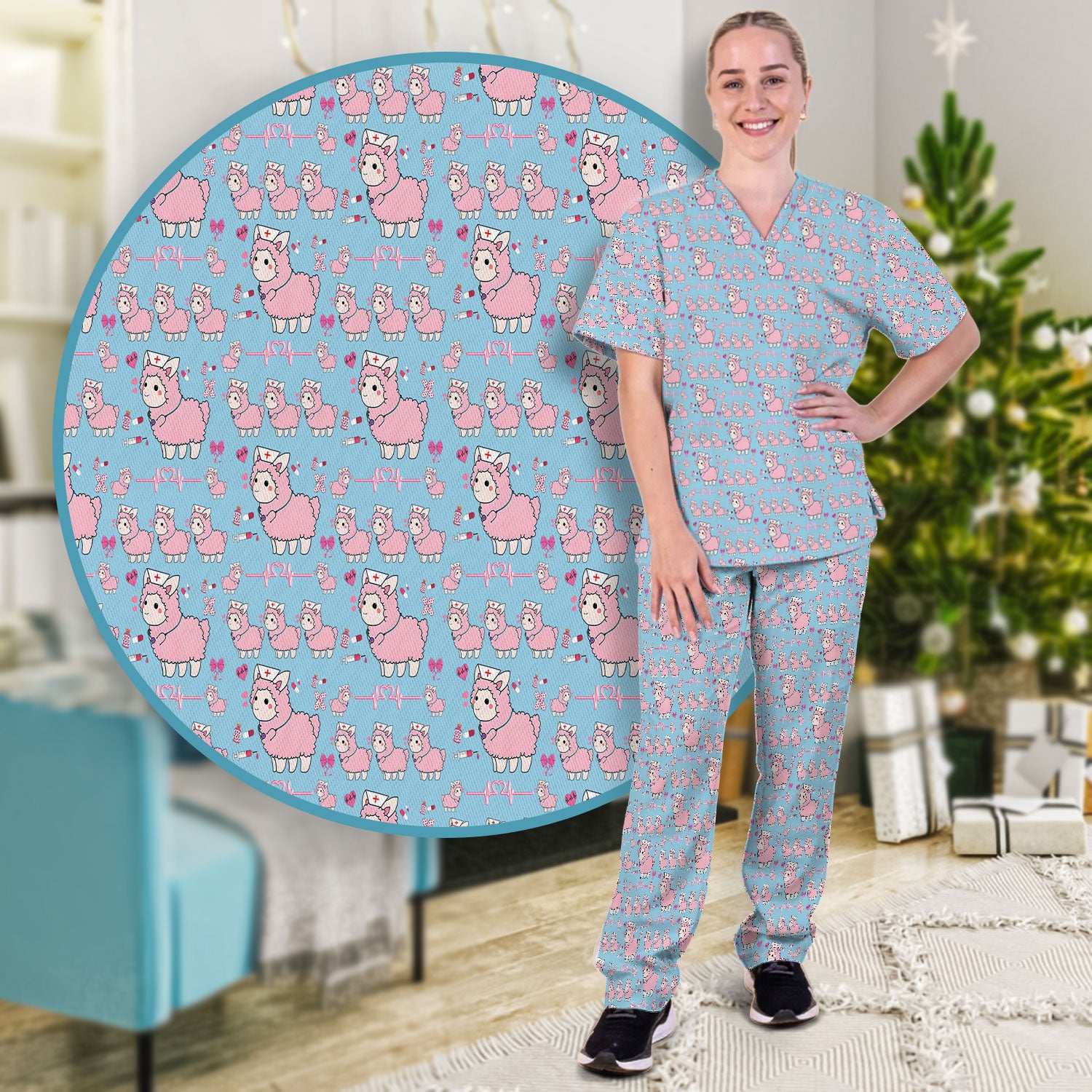 Llama Ain't Got Time For Your Drama Scrub Set, Funny Pattern Scrub Shirt, Breathable Fabrics Nursing Uniform